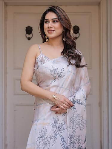 Image of ALMAARI FASHION Women's Floral Printed Georgette Satin Saree with Unstitched Blouse Piece | Traditional Ethnic Wear Sarees | Soft Lightweight Ethnic Office Wear Daily Wear Indian Sari (SG 161-170 H)