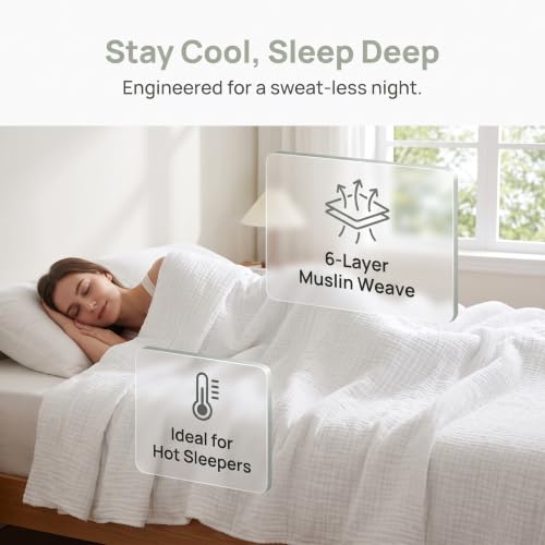 Image of SANACYNA King 100% Cotton Muslin Blanket for All Seasons 6-Layer Gauze | Breathable, Soft & Lightweight, Pure White, Crinkle Texture, for Bed, Couch, Throw, Shawl, Outdoor Use Travel