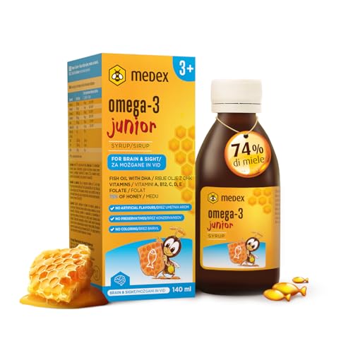 🐝 SCIROPPO A BASE DI MIELE - 74% = 143 g di MIELE in flacone - FORMULATO PER IL SUPPORTO DEL CERVELLO E DELLA VISTA PER TUTTI A PARTIRE DAI 3 ANNI IN SU - sviluppato in particolare per i bambini, le madri in gravidanza e in allattamento e per chi non ha una quantità sufficiente di pesce nella propria dieta. Gli acidi grassi omega si trovano principalmente nei pesci d'acqua fredda, come salmone, aringa e sgombro. Gli acidi grassi non possono essere prodotti dall'organismo e devono essere ottenuti tramite la dieta.