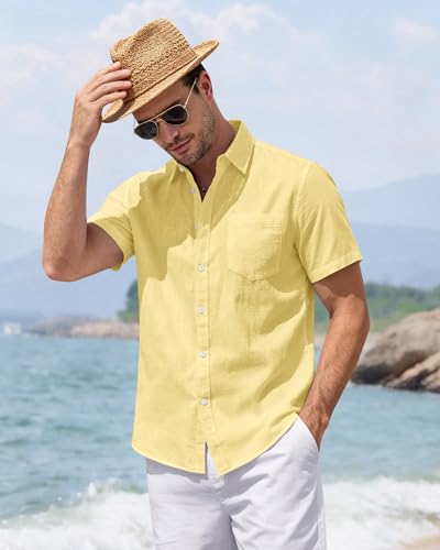 Image of J.VER Mens Linen Shirt Short Sleeve Button Down Casual Summer Shirts | Cotton Linen, Untucked, Big Tall, from Beach Camp Vacation, Cruise Fishing, Work Office, to Wedding Party Family, with Pocket