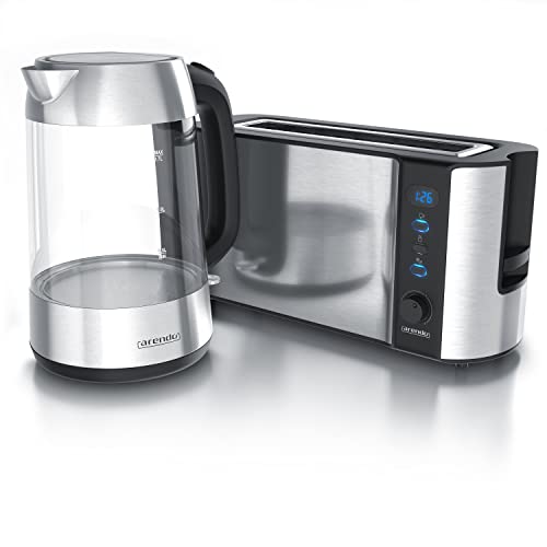 Arendo - Glas Wasserkocher Edelstahl 1,7 Liter mit LED + Arendo Edelstahl Toaster Langschlitz mit Brötchenaufsatz…