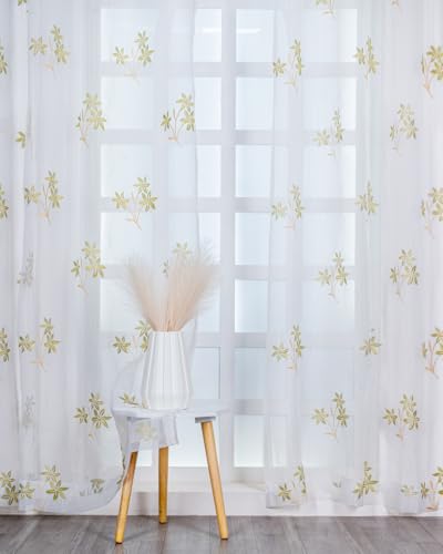 Image of 5 Ft Golden & Green Floral Sheer Tissue Curtain with Embroidery, Grommet Top, 152 L x 121 W cm, For Home, Bedroom, Bathroom