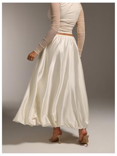 MakeMeChic Women's Satin Bubble Skirt Elastic Waist Loose Fit A Line Long Skirts2
