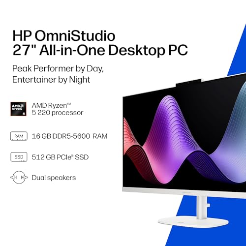 Image of HP OmniStudio 27 inch All-in-One Desktop PC, FHD Display, AMD Ryzen 5 220, 16 GB RAM, 512 GB SSD, AMD Radeon 740M Graphics, Windows 11 Home, Cotton White, 27-cv0002 (2026)