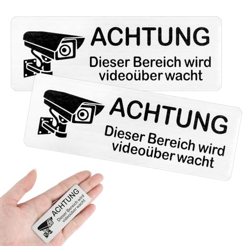 simarro Achtung VideoüBerwachung Schild Selbstklebend, 8.5x3cm Aluminium Schild Warnschild Aufkleber Videoüberwachung Warnschild Gebürstetes für Innen und Außenbereich(2Stück Silber)