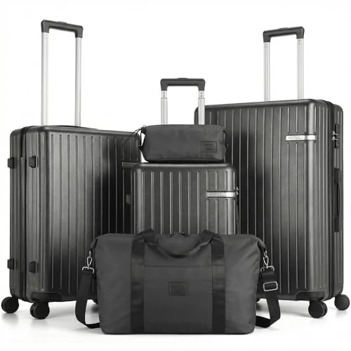 Image of Hoteel Luggage Sets 5 Piece (4-YEARS WARRANTY), ABS+PC Suitcases with Wheels and Side Hook, Hardshell 20 /24 /28 inch Luggage with Duffel Bag Travel Bag, Black