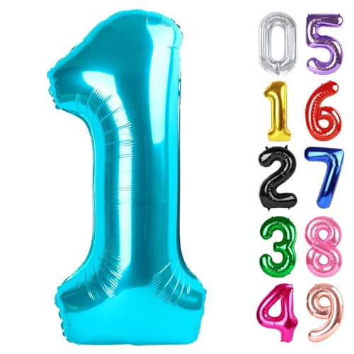 Image of Light Blue Number 1 Balloon 40 Inch, 1st Birthday Balloon First Birthday Decorations, Shiny Light Blue Party Supplies