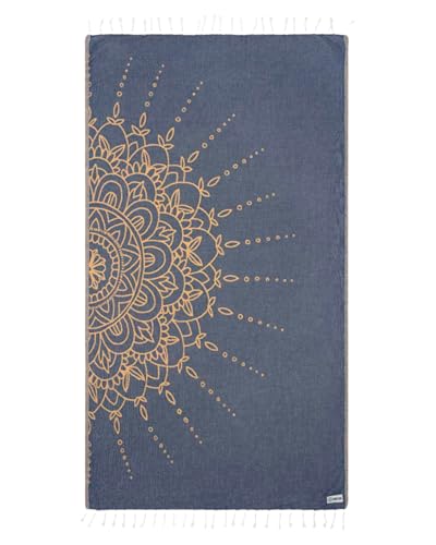 Sand Cloud Turkish Beach Towel - Sand Free - 100% Organic Turkish Cotton Yarn - Quick Dry Towel for Beach, Picnic, Blanket or Bath Towel - As Seen on Shark Tank - Flower Mandala Navy