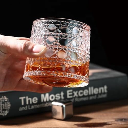 Image of Spinny Whiskey Glasses Set | Rotatable Heavy Base Tumbler Crystal Glass Cups, Glasses with Creative Coasters | Perfect for Scotch, Bourbon, Juice, Water, Cocktails (150 ml - Design D with Coaster)