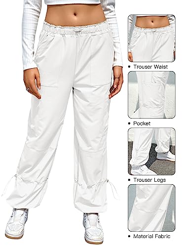 Allytok Parachute Pants For Women Cargo Jogger Pants Y2K Girls Streetwear Baggy Drawstring Wide Leg Trousers With Pockets White Small #TOP4