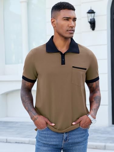Image of Men's Casual Polo Shirts Summer Short Sleeve Contrast Collar Buttoned Tee Polo Shirt with Pocket