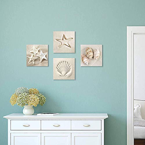 Coastal Serene Canvas Wall Art: Shells On Beach Sand Giclee Print Painting For Wall Decor For Spa Room (12''X12''X4Pcs) #TOP6