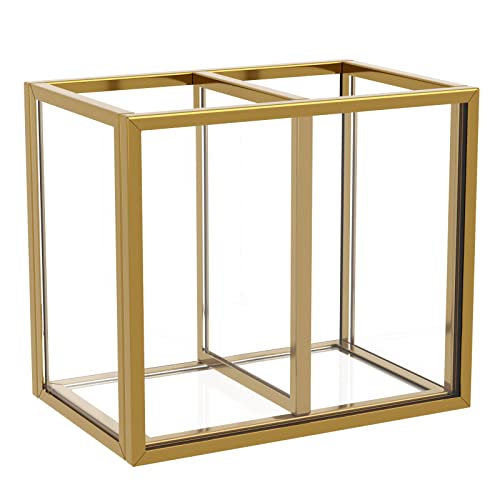 Image of NIUBEE Gold Acrylic Pen Holder for Desk, Clear Pencil Cup Organizer Makeup Brush Holder, Acrylic Desk Organizers and Accessories for Desktop Office - 2 Compartments