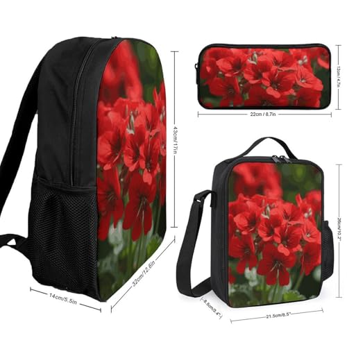 3 Piece Backpack for Women Men Lightweight Causal Daypack Shoulder Bag Set with Insulated Lunch Bag And Pencil Case Organizers Red Geraniums2