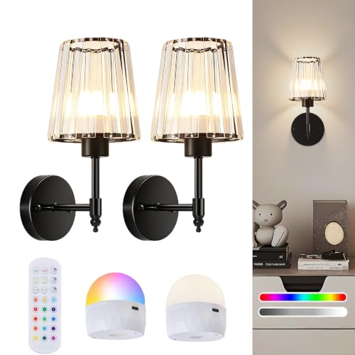 Image of Crystal Battery Operated Wall Sconce Set of 2, Rechargeable Wireless Wall Lights with 5200mAh Dimmable Bulbs and Remote,15 Colors Wireless Wall Lamps for Bedroom Living Room Hallway Decor-Clear black