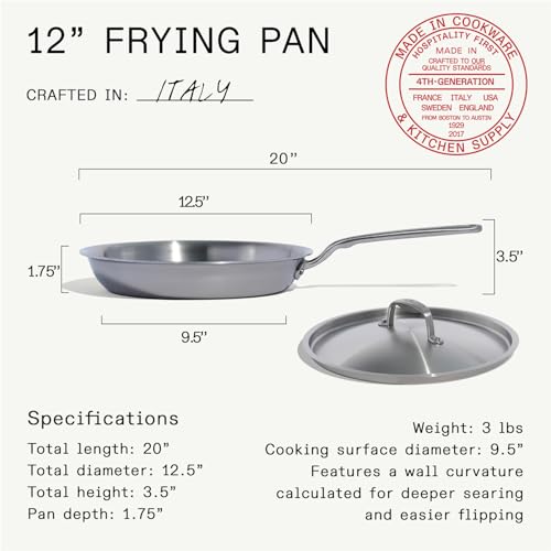 Image of Made In Cookware - 12-Inch Stainless Steel Frying Pan With Lid - 5 Ply Stainless Clad - Professional Cookware - Crafted in Italy - Induction Compatible