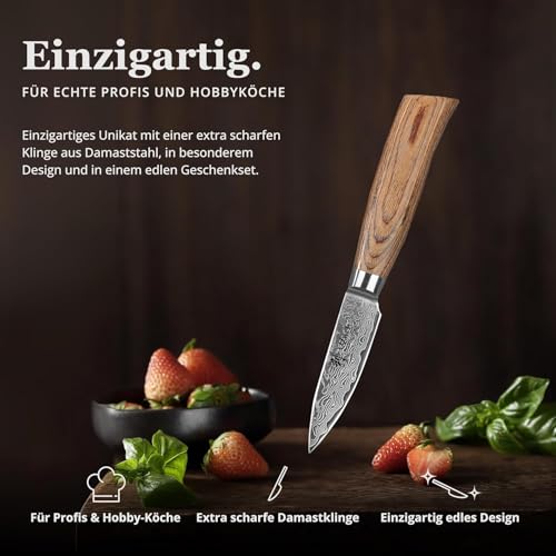 Foto von Wakoli EDIB Pro Officemesser aus echtem Damaststahl (VG10 Kern) 8 cm Klinge – Scharf und handlich – Kleines Küchenmesser, Obstmesser & Gemüsemesser – Damastmesser mit Pakkaholzgriff in Geschenkbox