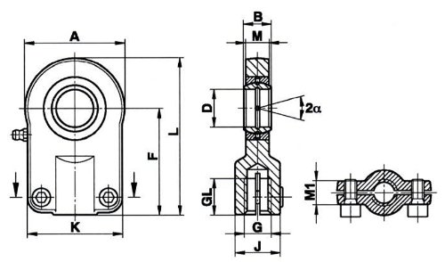 Ametric® , FPL 30 S Hydraulic Rod End ISO 8133 (GIHO K 30 DO) , 30 mm Bore (D), 22 mm Bearing Width(B), 19 mm Bearing Housing Width (M), 19 mm Body Clamping Width (M1), 80 mm Rod End Head Width (A), 85 mm Bearing Height (F), 125 mm Total Height (L), 77 mm Body Width (K), 36 mm Threaded Body Dia. (J), M 20x1.5 Metric Thread (G), 29 mm Thread Length(GL), 108 kN (Static Load Rating), 62 kN (Dynamic Load Rating), 1300 g (Weight), , Price listed is for one rod End., (Mfg Code 1-069)