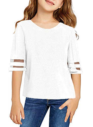 Blibea Girls Clothing Casual Short Flare Sleeve Tunic Tops Blouse Little Girls Loose Fashion Tee Shirts Size 10-11 White