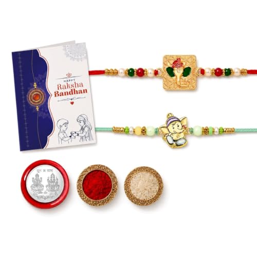 Image of Oblivion Rakhi For Brother - Elegant Stylish God Designer Rakhi with Beads and Silver Colour Pooja Coin, Tilak Set & Greeting Card - Traditional Raksha Bandhan Combo for Bhai