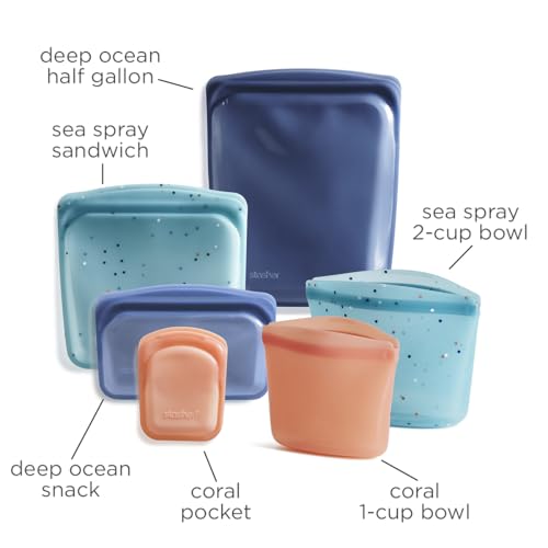 Stasher Sacchetti riutilizzabili in silicone, confezione da 6 pezzi, sacchetti riutilizzabili per congelatore, microonde, lavastoviglie, forno, sous vide, contenitori per il pranzo, ecologici, borsa