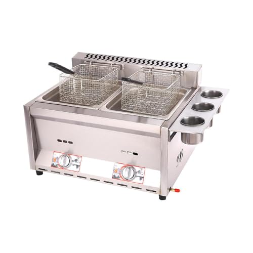 JKJZSALJ Freidora Comercial De Gas De Encimera con Doble Tanque De Acero Inoxidable, con Cesta Y Tapa para Patatas Fritas.