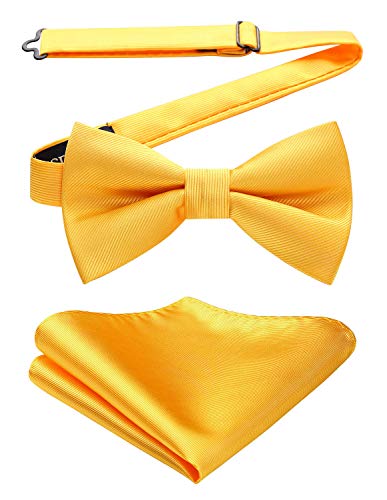 HISDERN Gravatinha homem amarelo elegante pré-amarrado e ajustável laço e lenço de bolso para casamento formal festa e graduação