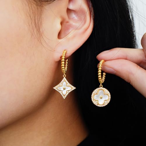 Aura & lrena Clover Earrings for Women, Vintage Pearl Earrings, Bridal Earrings, 18K Gold Plated with Mother of Pearl and AAA Zirconia, 925 Silver Hypoallergenic Posts, Gift for Wedding Anniversary3