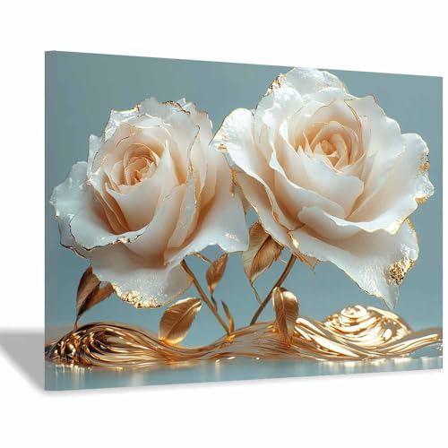 JOSUE リビングルームの装飾キャンバス ブラック&ホワイトのテクスチャーアート 輝く花 絵画 夜の風景プリント アートワーク リビングルーム ベッドルーム 壁装飾(ゴールド 48)-50x70cm 額入り