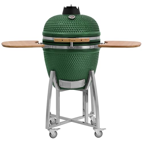 BBQ-Toro Kamado Grill Holzkohlegrill KURO Ø 52 cm | Grün | Holzkohlegrill mit Bambusablage, Thermometer, Holzgriffen, Rollen | Keramikgrill rund, Ceramic Grill Ei, Grillofen, Kamado mit Ablage