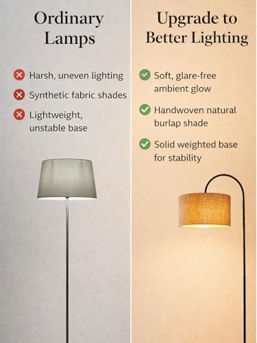 Image of Arc Floor Lamp for Living Room 60 inch Tall - Handwoven Jute Shade Standing Lamp - Matte Black Metal Corner Floor Lamp for Bedroom & Reading Corner - Japandi Boho Decor