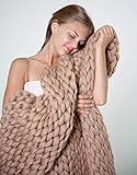 clootess Chunky Knit Blanket Merino Wool Hand Made Throw Boho Bedroom Home Decor Giant Yarn (Khaki 32'x40')
