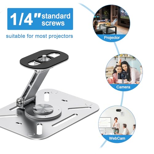 Beamer Wandhalterung, 360° Drehbare Beamer Ständer, Desktop Projektorhalterung, Projektor Halterung, Beamer Deckenhalterung Silber mit 1/4’’ Schraubschnittstelle für Heimkino, Spielzimmer, Büro