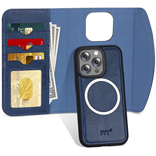 FYY Etui Coque iPhone 14 Pro, [Prise en Charge de la Charge magsafe], 2 en 1 Étui Portefeuille Magnétique Amovible avec à Fentes pour Cartes pour Apple iPhone 14 Pro 6.1" 2022 Blue