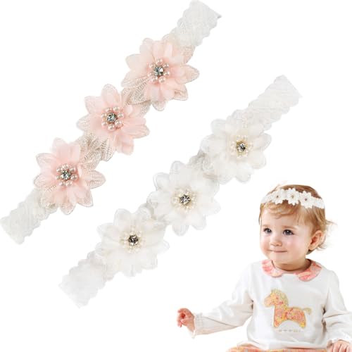 MEXRUMI 2 Pezzi Fascetta Neonata Battesimo Cerchietto Floreale Per Bambine Fascia Per Capelli Per Neonati Fascetta In Pizzo Fascia Di Fiori Capelli Bambina Per Neonati Bambini (Rosa E Bianco)