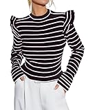 Lacozy Women Ruffle Long Sleeve Crew Neck Sweaters 2026 Fall Trendy Knit Slim Fit Striped Pullover Casual Tops Black L