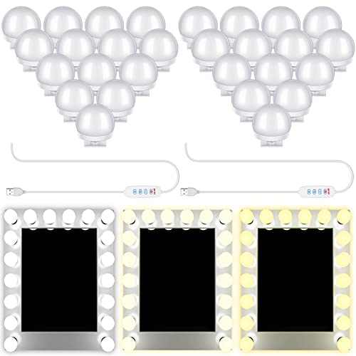 Juego de 2 luces LED para espejo de tocador, 28 bombillas regulables con 3 modos de color, luz de espejo de maquillaje con color y brillo ajustables para espejo de dormitorio, baño, cable USB, no