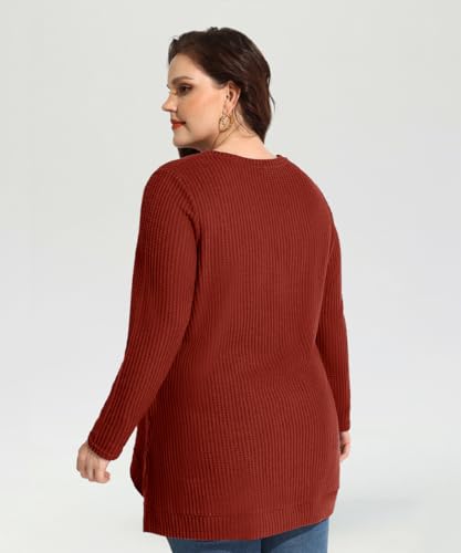 Image of RITERA Plus Size Women Sweaters Waffle Knit Pullover Top Long Sleeve Casual Crewneck Shirt Loose Split Hem Fall Winter Blouse