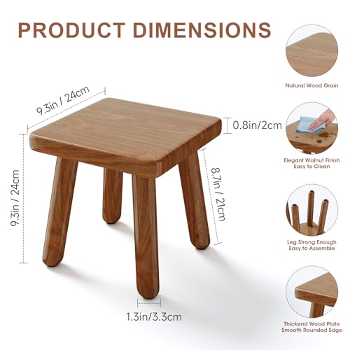 Image of 9 Inch Small Wooden Step Stool, multi-functional footstool, shoe changing stool, indoor plant stand, portable and sturdy, suitable for living room, kitchen, bedroom, bathroom (Walnut wood color)