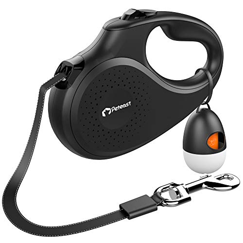 Peteast Retractable Dog Leash, 360Â° Tangle-Free, Heavy Duty with Waste Bag Dispenser, 16 ft Strong Reflective Nylon Tape, Comfortable Anti-Slip Handle, One-Handed Brake/Pause/Lock