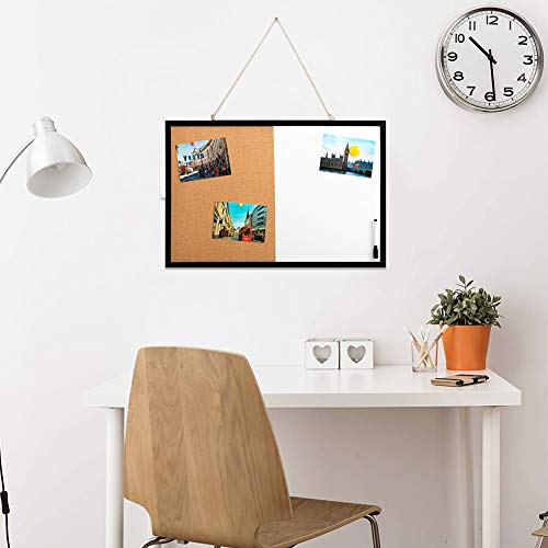 DOEWORKS 60 x 40cm Kombitafel Magnetisches Whiteboard & Kork Pinnwand, Hängendes Magnettafel und Korktafel mit Schwarzem Holzrahmen
