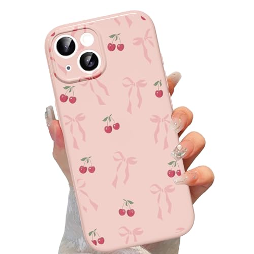 lioscre Cute Bow Phone Case for iPhone 14 6.1", Aesthetic Red Cherry Pink Ribbon Bowknot Pattern Print Design Women Girly Case Gloss Raised Camera Protective Cover Soft Silicone Shockproof TPU Funda