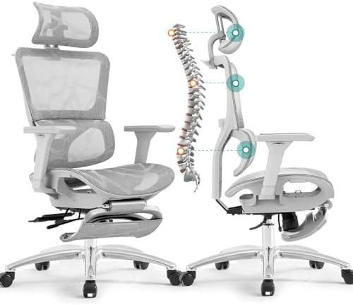 Ergonomic Office Chair, High Back Mesh Office Chair with Adaptative Lumbar Support, 3D Adjustable Armrest & Seat Depth, Rolling Desk Chair with Tilt Function, Adjustable Headrest (Silver Gray)