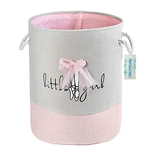 LANGYASHAN Laundry Basket Canvas Collapsible Organizer Storage Basket for Boys Girls Laundry Hamper Toy Bins Gift Baskets Bedroom Clothes Children Nursery (Pink Lace)
