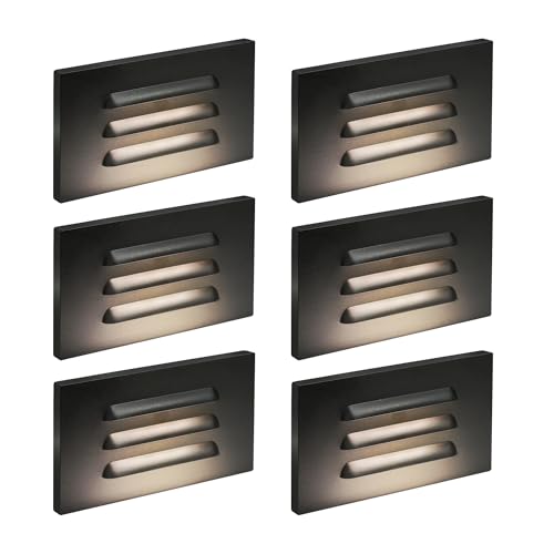 GKOLED 120V 110LM Dimmable LED Step Lights Indoor Outdoor, 3.5W Anti Glare Stair Lighting with Horizontal Louvered Faceplate, Waterproof, 3000K Warm White, Aluminum Black Finish, ETL Listed, 6 Pack