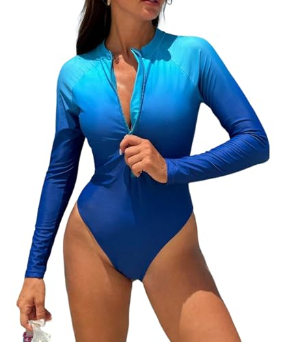 Image of ZAFUL Women's Long Sleeve Rash Guard Swimsuit One Piece Zipper Surfing Bathing Suit