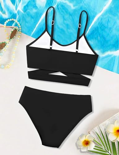Girls Swimsuit Bathing Suits Criss Cross Bikini Set Two Piece Girls' Swimwear Solid Color Bathing Suit 7-16T4