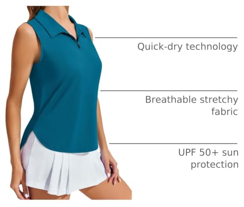 Image of PINSPARK Women Golf Shirts Sleeveless UPF 50+ Tennis Polo V-Neck Quick Dry Athletic T Shirt 1 /4 Zip Collar Workout Tank Top