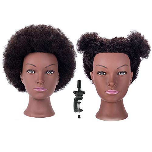 HAIREALM Afro Training Head 10 100% Human Hair Hair Styling Head Cosmetology Manikin Mannequin Head Hairdresser Manikin Doll Head (Table Clamp Holder Included) EHI0208D
