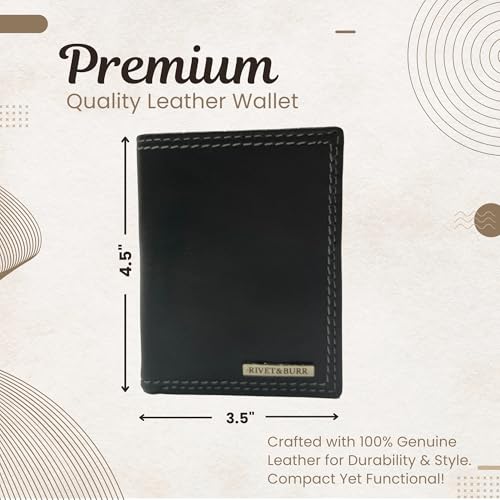 RIVET & BURR Genuine Leather Trifold Wallet for Men with RFID Blocking – Slim Vintage Wallet Gift Set with Box, Keychain & Vanity Tray – Double-Stitched Durable Design (Black)2